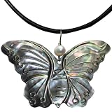 Mother of Pearl Hand-Carved Butterfly Pendant on Leather Cord Necklace