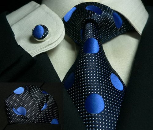 Landisun 623 Navy Blue Polka Dots Mens Silk Tie Set: Tie+Hanky+Cufflinks