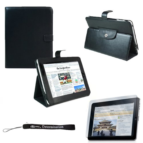 Proffesional Office Portfolio with Horizontal stand, Melrose Leather Horizontal Flip iPad Case for the Apple iPad Wifi / 3G Model 16GB, 32GB, 64GB with Extra Pocket for Miscellaneous Accessories + Includes a eBigValue (TM) Determination Hand Strap Key Chain + Includes a Full Durable iPad Anti-Glare Screen Protector