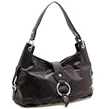 Designer Inspired Two-Tone Synthetic Leather Python Embossed Flap Over Front Hobo Bag - Black