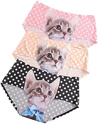 KIKIQIA Women's 3D Cat Printed Dot Seamless Briefs Anti-exposure Hipster Panties (pack of 3)