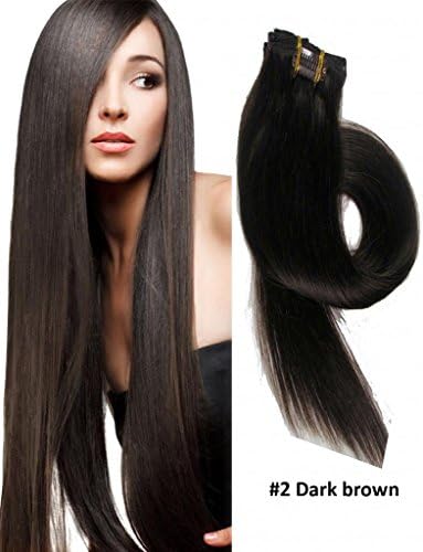 18" Straight Clip in Remy Human Hair Extensions 2# Dark Brown 7pcs 70g