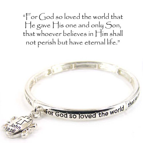 Sym's Silver Tone Christian- John 3:16 Stretch Bracelet with Cross Charm