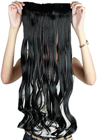S-noilite 17"(43cm) Long Curly Dark Black 3/4 Full Head One Piece 5 Clips Clip in Hair Extensions