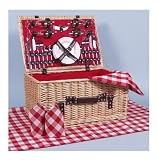 from Picnic Hampers by Web Hampers The New Teme De Luxe 4 Person Willow Picnic Hamper with ceramic plates, wine/champagne glasses, stainless steel cutlery, bottle opener, gingham tablecloth and napkins