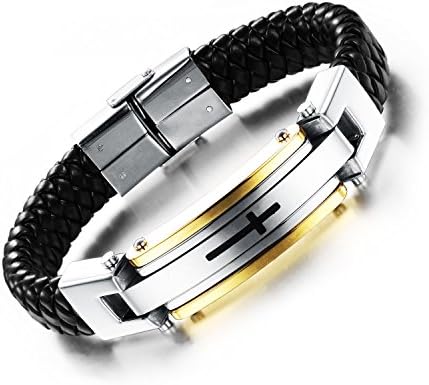 Geminis Fashion Jewelry Stainless Steel Black Cross Pattern Men's Weave Leather Bracelet (Yellow)