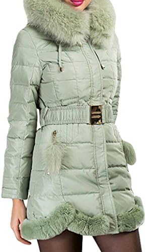 Yypm Women's Top Grade Fox Fur Mid-Length Belted Down Coat with Hood Light Green XL