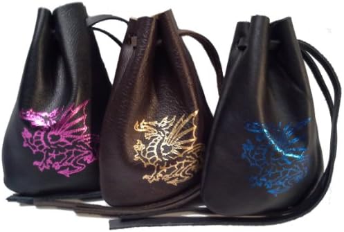 Leather Dragon Dice Bag - Medium 4.5" x 6" Drawstring Pouch (Black Leather with Red)