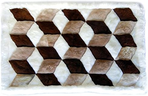 100% Alpaca Fur Rectangular Area Rug 3.5' x 4.6' - Geometric Pattern - Artisan Made in Peru - Genuine High Quality Featuring Silk Protective Cover Backing (Brown Cubic Pattern)