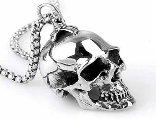 Salon Jewelry Mens Gothic Punk Skull Stainless Steel Pendant Necklace, Silver Black, 24 inch Chain