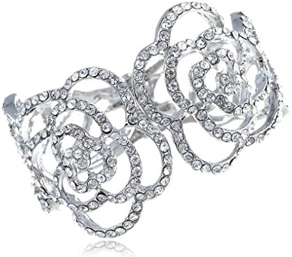 Spicy Key Silver Tone Clear Rhinestone Beauty &amp; Beast Rose Outline Cuff Bracelet