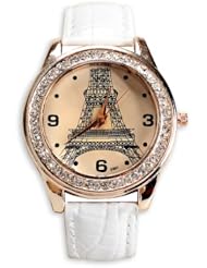 Vktech Women Tower Diamond Encrusted Leather Band Quartz Wrist Watch (White)