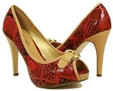 Red Patch Zebra, Snake, Cheetah Gold Buckles Peep-Toe Pumps