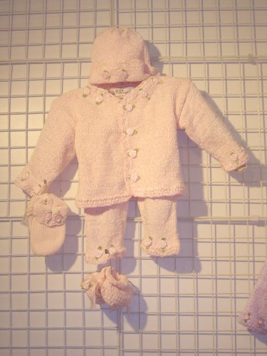 Cpk81, Knitted on Hand Knitting Machine Baby Pink Chenille Finished By Hand Crochet Infant Girls Cardigan, Pant, Hat Set Trimmed with Satin Rosebuds and Matching Mitten and Booties