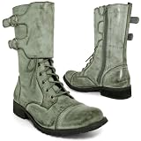 New Dirty Grey Military Cuff Buckle Tall Flat Ankle Boots Sz 3-8
