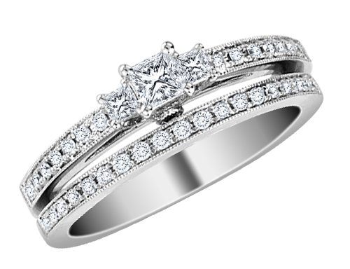 Princess Cut Three-Stone Diamond Engagement Ring & Wedding Band Set 1/2 Carat (ctw) in 14K White Gold (Certified)