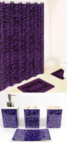 Black and Purple Zebra 19-piece Bathroom Set: 2-rugs/mats, 1-shower Curtain, 12-fabric Rings, Lotion/liquid Soap Dispenser, Tumbler, Toothbrush dish, Soap Dish
