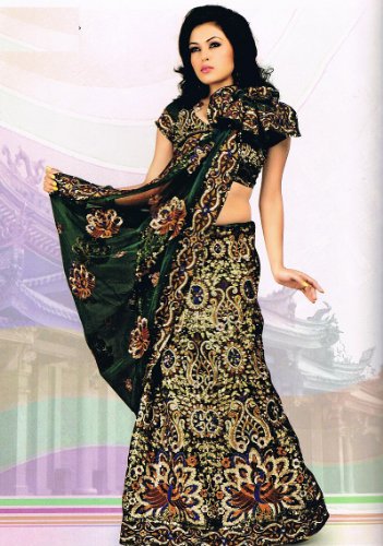 Designer Green Peacock Motif Wedding Dress Lehnga Saree