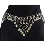 Sexy Hip Chain Belt, Brass with Black Glass Beads and Belly Dance Coins, Fits waist or hips 32" - 38" for Belly Dancing or Casual Wear