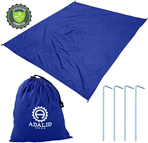 Beach Blanket with Accessories: Nylon Tote Pouch & 4 Stakes / Pegs - Also Used as Outdoor Camping Gear, Oversized Mat, Shade Tarp and Picnic Throw