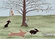 Dachshunds (doxies) chasing squirrels / Lynch folk art print