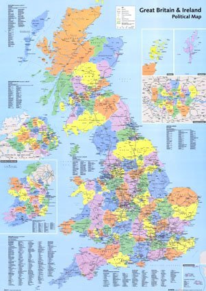 U.K. Political Map, Ireland Wall Poster Print, 24x36