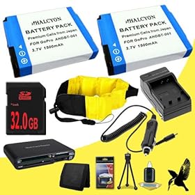 Two Halcyon 1500 mAH Lithium Ion Replacement Battery + External Rapid Charger + 32GB SDHC Class 10 Memory card + Waterproof Floating Strap + Multi Card USB Reader + Memory Card Wallet + Deluxe Starter Kit for GoPro HD Hero, HD Hero2, HD HERO Naked