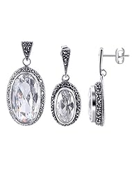 .925 Sterling Silver Oval cut Clear Cubic Zirconia with Marcasite Accents Earrings and Pendant Set