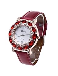 Womens Quartz Wristwatch Red Leather Band Crystal Dial Arabic Numeral Mark