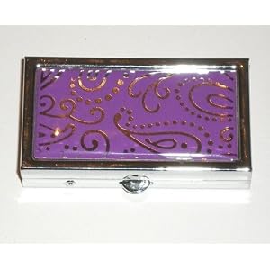 Silver and Purple Paisley Pill Box Case Organizer : Compact Size