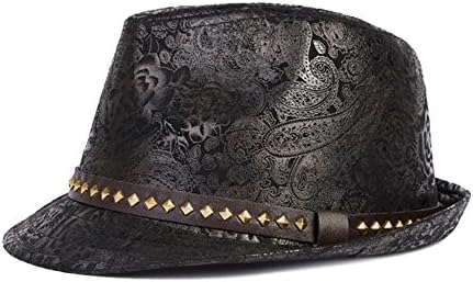 Caflin Men PU Leather Floral Hemming Buckle Belt Fedoras Jazz Bowler Hat Cap Black-1