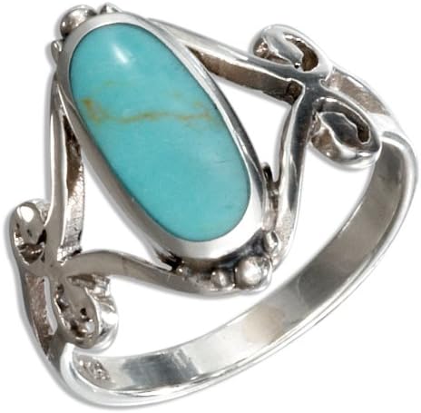 Sterling Silver Oval Turquoise Ring with Open Scroll Designs