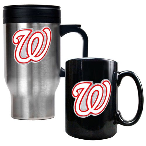 Washington Nationals MLB Stainless Steel Travel Mug & Black Ceramic Mug Set - Primary Logo