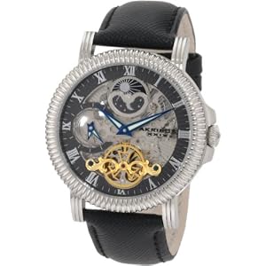 Akribos XXIV AKR452SS Bravura Black Stainless Steel Dial Calfskin Band Dual Time Skeleton Men's Watch