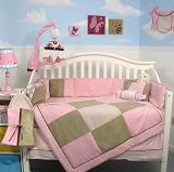 SoHo Pink & Sage Micro Suede Baby Crib Nursery Bedding Set 13 pcs included Diaper Bag with Changing Pad & Bottle Case