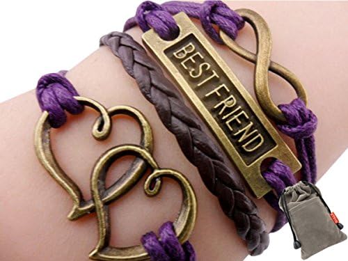 Ftbstyle Vintage Silver Infinity Heart Best Friend Bracelet Leather Braid Bangle (Purple)