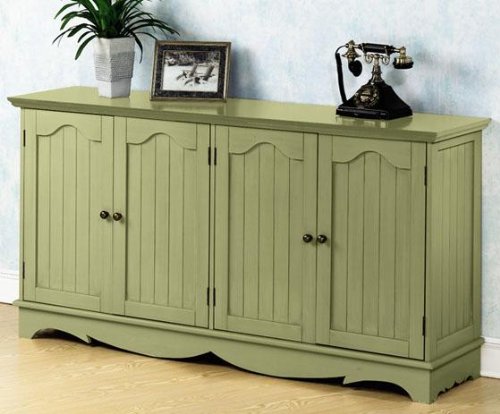 French Country 26.75 Inch Distressed Green Four - Door Lowboy Sideboard Buffet Table, FOUR-DOOR, SAGE.