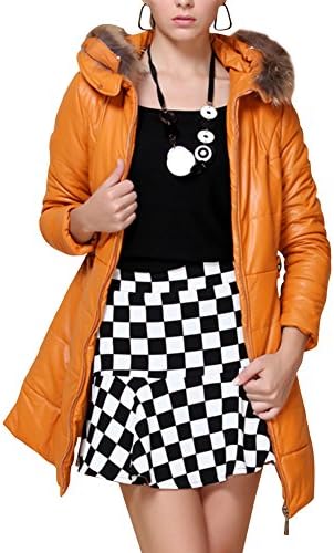 IDNS Women's Stylish Mid Long Fur Trim PU Quilted Winter Padded Coat Jacket L Orange