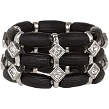 Elegant Matte Black 3 Row Ring with Silver Crystal Accents stretches to fit Sizes 6 - 9