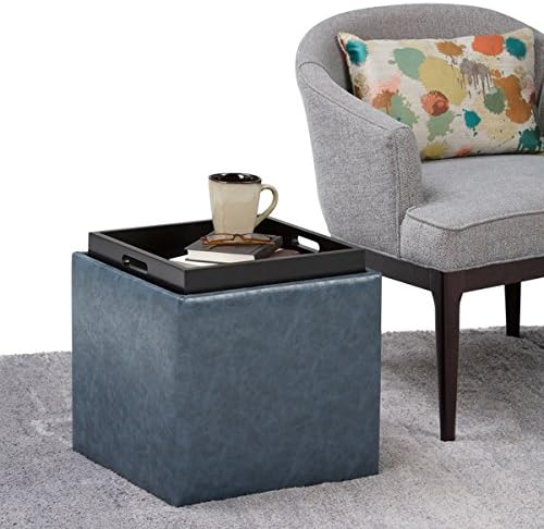 WydenHall Townsend Denim Blue Faux Leather Cube Storage Ottoman with Tray