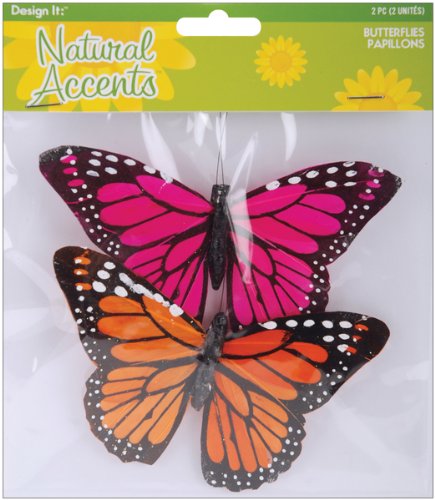 Natural Accents Feather Butterflies 5 2Pkg-PinkOrange Natural Accents Feather Butterflies 5 2Pkg-PinkOrange