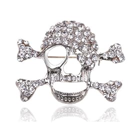 CLEAR CRYSTAL RHINESTONE SKYLL AND BONES PIN BROOCH