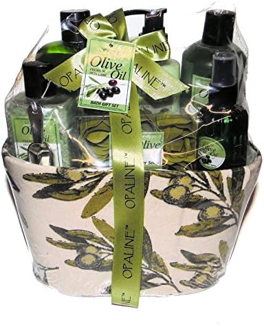 Olive Oil Premium Bath Spa Gift Set. Shower Gel, Bubble Bath, Body Lotion, Bath Salts, Bath Spray and Flower Soaps &amp; in a Fabric Gift Basket