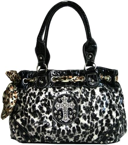 Western Rhinestone Studded Leopard Print Purse Cross Accent Handbag With Bonus Wallet - Black Leopard