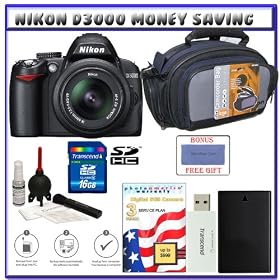 Nikon D3000 10MP Digital SLR Camera w/ 18-55mm f/3.5-5.6G AF-S DX VR Nikkor Zoom Lens w/ Two (2) Transcend 8GB SDHC Card + 3-Year Extended Warranty for Nikon D Series + EN-EL9a Battery + Case + Accessory Kit