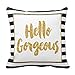 Hello Gorgeous Black and White Gold Glitter Stripes Throw Pillow Cover For Living Room, Sofa, Etc