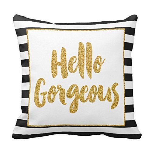 Hello Gorgeous Black and White Gold Glitter Stripes Throw Pillow Cover For Living Room, Sofa, Etc