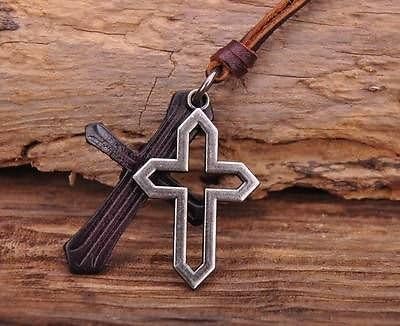 N156 Cool Double Cross Men's Surfer Beach Leather Choker Necklace Adjustable by Preciastore