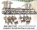 Hanging Pot Rack & lid holder with flat artistic iron scrolls