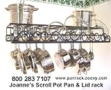 Hanging Pot Rack & lid holder with flat artistic iron scrolls